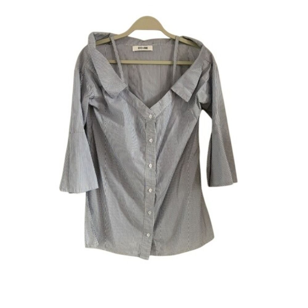 DO+BE Blue White Pinstripe Cold Shoulder‎ Bell Sleeve Button Down Shirt Small